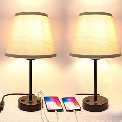 USB Table Lamp Set of 2, PARTPHONER Bedside Nightstand Lamp with Dual USB Charging Ports AC Outlet, Small Desk Lamp Cream Fabric Shade Metal Base Light for Bedroom, Living Room, Study Room, Office