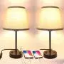 USB Table Lamp Set of 2, PARTPHONER Bedside Nightstand Lamp with Dual USB Charging Ports AC Outlet, Small Desk Lamp Cream Fabric Shade Metal Base Light for Bedroom, Living Room, Study Room, Office
