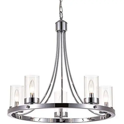 Maxax 5-Lights Wagon Wheel Chandelier with Glass Shade Farmhouse Rustic Round Dining Room Hanging Lighting Fixture, Chrome Finish