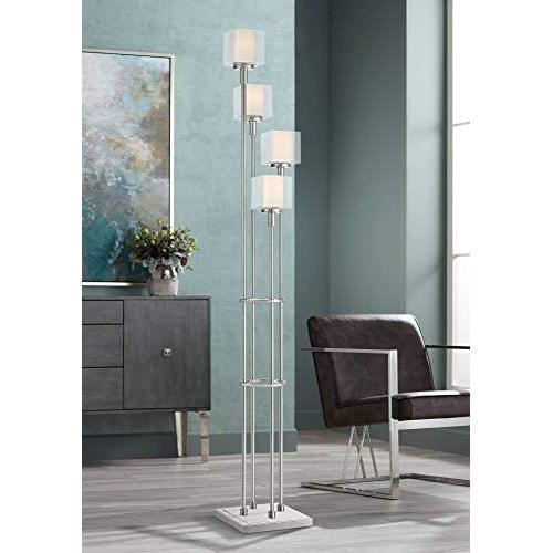 Athena Modern Floor Lamp 4-Light Tree Brushed Nickel Outer Clear Inner Opal Double Glass Shade for Living Room Reading Bedroom Office Uplight - Possini Euro Design