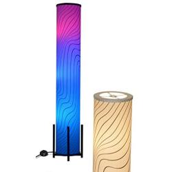 CAUDTK Column Modern Floor Lamp LED Color Changing 3 Smart Bulbs Remote Control Shade 61inches Black Wave Pattern Standing Decorative Bamboo Base Corner Floor Lamp for Living Room Bedroom