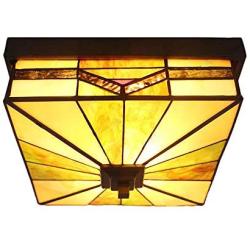 LITFAD Art Glass Square Flush Mount Ceiling Light Dining Table Tiffany Antique LED Ceiling Lamp Pendant Lighting in Green for Dining Room Bedroom Corridor - 11'' (28 cm)