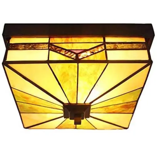 LITFAD Art Glass Square Flush Mount Ceiling Light Dining Table Tiffany Antique LED Ceiling Lamp Pendant Lighting in Green for Dining Room Bedroom Corridor - 11'' (28 cm)