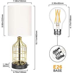 Touch Control Table Lamp with 2 USB Charging Ports, Boncoo 3 Way Dimmable Side Table Lamp with Gold Birdcage Base Modern Nightstand lamp USB Bedside Lamp for Bedroom, Living Room, 6W LED Bulb Included