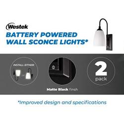 Westek Battery Operated Wall Sconce, 2 Pack – 100 Lumens, 4 Hour Auto Shut-Off Battery Wall Sconce – Plastic with Matte Black Finish – Wireless Wall Light with Easy Install – 2 Light Settings