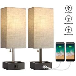 BOBOMOMO USB Table Lamp Set of 2 Bedside Lamps 15.5 with 2 USB Charging Ports & 2 Power Outlet Nightstand Lamp for Bedroom Living Room Study Room (Black&Linen)