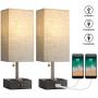 BOBOMOMO USB Table Lamp Set of 2 Bedside Lamps 15.5 with 2 USB Charging Ports & 2 Power Outlet Nightstand Lamp for Bedroom Living Room Study Room (Black&Linen)