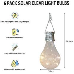 pearlstar Solar Light Bulbs Outdoor Waterproof Garden Camping Hanging LED Light Lamp Bulb Globe Hanging Lights for Home Yard Christmas Party Holiday Decorations (6 Pack-Clear Bulbs)