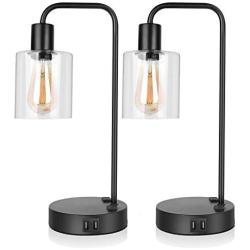 Sunvook Modern Bedside Table Desk Lamp 3 Way Dimmable Glass Lampshade Design Industrial Touch Lamps with 2 USB Ports and 2 AC Outlet, Nightstand Reading Lamps for Bedroom Living Room Office（2PCS）