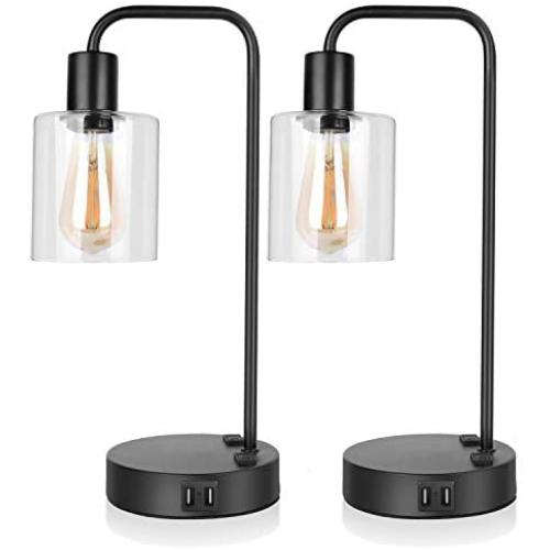 Sunvook Modern Bedside Table Desk Lamp 3 Way Dimmable Glass Lampshade Design Industrial Touch Lamps with 2 USB Ports and 2 AC Outlet, Nightstand Reading Lamps for Bedroom Living Room Office（2PCS）