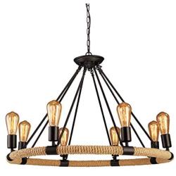 NOXARTE Black Chandelier Hemp Rope Wagon Wheel Pendant Light Retro Lighting Fixture for Dining Room Living Room 8-Light