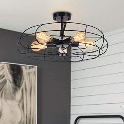 OYI Industrial Laundry Room Light Fixtures, 5 Lights Metal Cage Chandelier, Semi Flush Mount Ceiling Lights Vintage Farmhouse Pendant Hanging Lighting Black