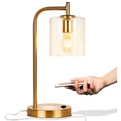 Brightech Elizabeth Office Desk Lamp - Wireless Charging Pad and USB Port – Living Room Table Light for Midcentury, Industrial & Farmhouse Decor - Hanging Glass Shade - LED Bulb - Brass Gold Color