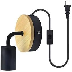 Luxvista E26 Lamp Base Wooden Morden Mounted Metal Light Fixture with US Switch Cord Wall Beside Vintage Style Black Shade Lamp for Reading Light Kitchen Bedroom Porch(Bulb NOT Included 1-Pack)