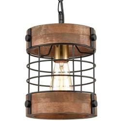 EUL Rustic Kitchen Pendant Hanging Light Wood & Metal Wire Cage Ceiling Lamp Shade Distressed Brown