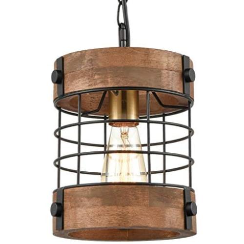 EUL Rustic Kitchen Pendant Hanging Light Wood & Metal Wire Cage Ceiling Lamp Shade Distressed Brown