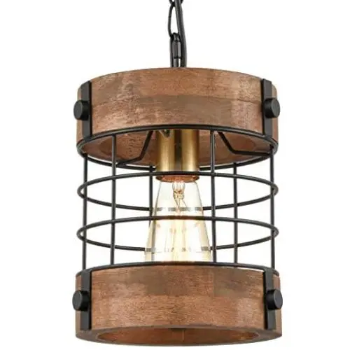 EUL Rustic Kitchen Pendant Hanging Light Wood & Metal Wire Cage Ceiling Lamp Shade Distressed Brown