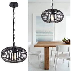 YLONG-ZS Round Pendant Light Hanging Lantern Lighting Fixture for Kitchen and Dining Room, Industrial Retro Iron Chandelier Fixture,E26 Base, Black (Bulbs Not Included)