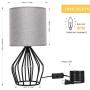HAITRAL Modern Table Lamps Set of 2 - Black Metal Bedside Lamps for Bedroom, Living Room, Bedside Table, Lamp Set with Hollowed Out Base and Gray Fabric Shade