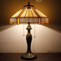 Tiffany Lamp Bedside Table Reading Lighting Yellow Hexagon Stained Glass Mission Style Shade Antique Base W16H24 Inch S011 WERFACTORY LAMPS Lover Parent Friend Kids Living Room Bedroom Coffee Bar Desk