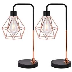 COTULIN Set of 2 Rose Gold Modern Industrial Table Lamp,Desk Lamp with Black Base for Living Room Bedroom Office,Delicate Design Bedside Lamp with Geometric Cage Shade