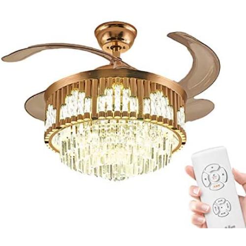 42inch Gold Crystal Ceiling Fans, Retractable Chandelier Ceiling Fan with Lights and Remote Modern Invisible Fandeliers light fixture for Living Room Dining Room Bedroom, Silent Motor Low Profile