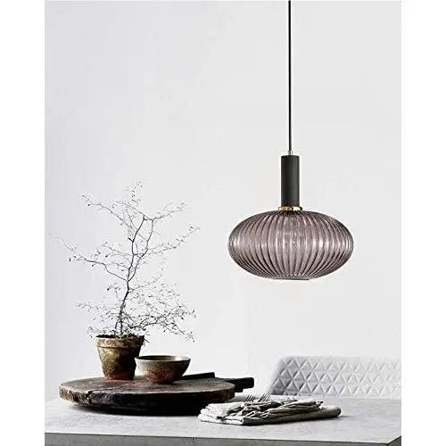 LITFAD Ribbed Glass Geometric Hanging Light Simplicity Single Light Chandelier in Brass Finish Modern Pendant Light Fixture for Hallway Dining Room Coffee Shop Restaurants Living Rooms - C-Smoke Gray