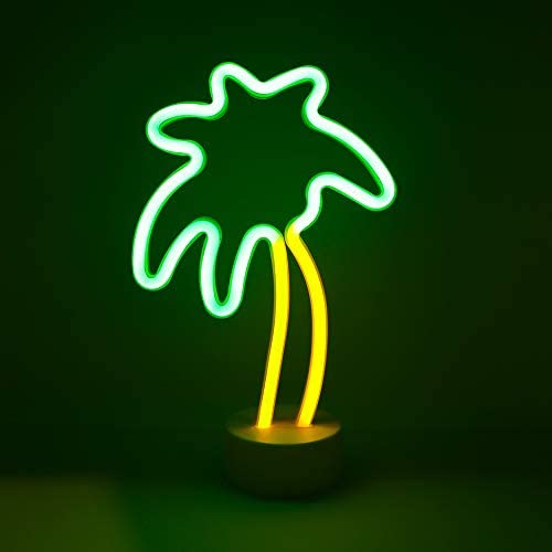 Isaac Jacobs 11.5” x 7” LED Neon Palm Tree Tabletop Lamp, White Base, Night Light, for Nightstand, Bedroom Décor & Party; Battery Powered (Batteries Not Included) (Green & Yellow Palm Tree)