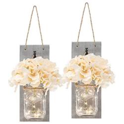 Set of Two Lighted Sconces Country Rustic Mason Jar Wall Sconce HANGING MASON JAR SCONCES WITH LED FAIRY LIGHTS