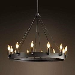 LITFAD Industrial Antique Style Round Chandelier Light 12 Lights Metal Pendant Lighting Retro Ceiling Hanging Light in Black for Restaurant Dining Room Living Room