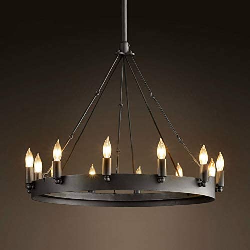 LITFAD Industrial Antique Style Round Chandelier Light 12 Lights Metal Pendant Lighting Retro Ceiling Hanging Light in Black for Restaurant Dining Room Living Room