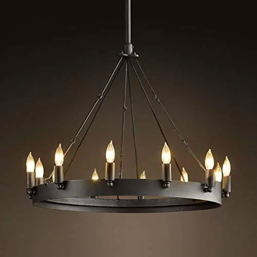 LITFAD Industrial Antique Style Round Chandelier Light 12 Lights Metal Pendant Lighting Retro Ceiling Hanging Light in Black for Restaurant Dining Room Living Room