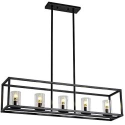 XILICON Contemporary Chandeliers Modern Dining Room Lighting Fixture Hanging Black 5 Light Kitchen Island Cage Pendant Lighting Farmhouse Flush Mount Ceiling Light with Glass Shade