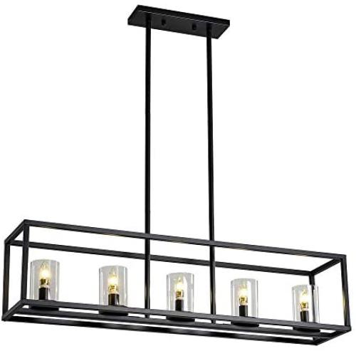 XILICON Contemporary Chandeliers Modern Dining Room Lighting Fixture Hanging Black 5 Light Kitchen Island Cage Pendant Lighting Farmhouse Flush Mount Ceiling Light with Glass Shade