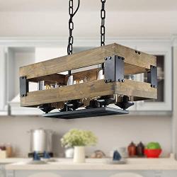 LALUZ Farmhouse Chandelier, Wood Chandelier Lighting with Clear Glass Cylindrical Shades, 22.4'' Rectangle Light Fixture for Kitchen Island, Dining Room, 6 Lights