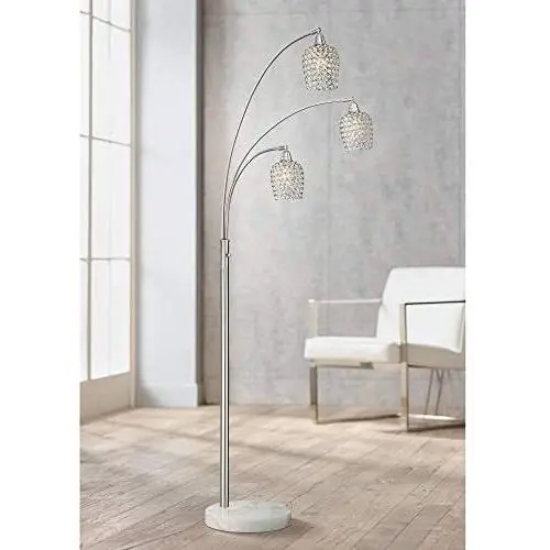 Cielo Modern Arc Floor Lamp Brushed Nickel 3-Light Marble Base Faceted Crystal Glass Shades for Living Room Reading Bedroom Office - Possini Euro Design Cielo Modern Arc Floor Lamp Brushed Nickel 3-Light Marble Base Faceted Crystal Glass Shades for Living Room Reading Bedroom Office - Possini Euro Design