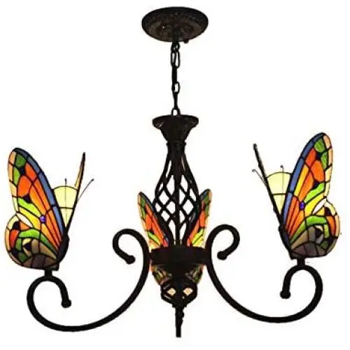 CraftThink Pendant Lighting LED Chandelier Light Antique Tiffany Style Stained Glass with Butterfly Shaped Lamp Shade Hanging Light for Dining Living Cafe Room Restaurant - TYP A-Butterfly -3 Lights