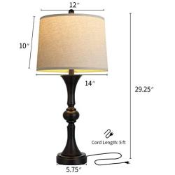 Oneach Traditional Table Lamps Set of 2 with USB Charging Port for Living Room 29.25“ Nightstand Lamp for Bedroom Bedside Table Lamp with Neutral Drum Shade Black