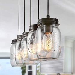 LNC Pendant Lighting for Kitchen Island,Wooden Farmhouse Chandeliers for Dining Rooms, Glass Mason Jar Hanging Lamp A02983, Brown