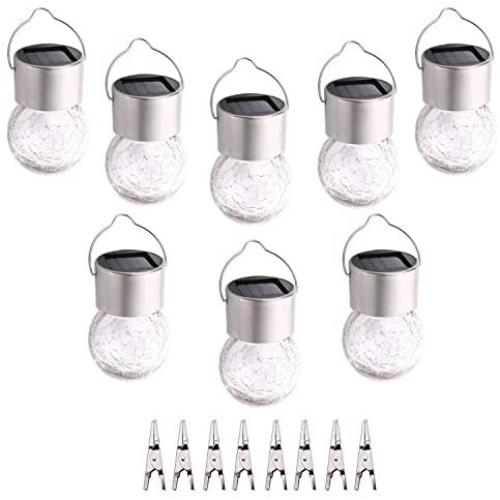 8 Pack Hanging Solar Lights Outdoor, Decorative Cracked Glass Ball Lights Waterproof Solar Lanterns with Handle and Clip for Umbrella ,Garden Yard, Patio, Fence, Tree, or Holiday Decoration