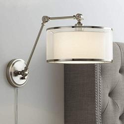 Taliah Modern Swing Arm Wall Lamp Brushed Nickel Plug-in Light Fixture Organza Off White Fabric Drum Double Shade for Bedroom Bedside Living Room Reading - Possini Euro Design