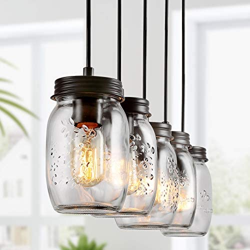 LALUZ Farmhouse Chandelier for Dining Rooms, 5-Lights Mason Jar Lights,Height Ajustable Pendant Lighting for Kitchen Island LALUZ Farmhouse Chandelier for Dining Rooms, 5-Lights Mason Jar Lights,Height Ajustable Pendant Lighting for Kitchen Island