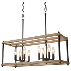 Farmhouse Chandelier for Dining Rooms, Faux-Wood Kitchen Island Lighting, Rectangular Hanging Light Fixture for Kitchen, Living Rooms and Hallway