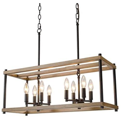 Farmhouse Chandelier for Dining Rooms, Faux-Wood Kitchen Island Lighting, Rectangular Hanging Light Fixture for Kitchen, Living Rooms and Hallway