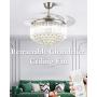 EternalUS 42inch Chrome Dimmable Fandelier Crystal Ceiling Fans with Lights, Remote Modern Invisible Retractable Chandelier Fan LED Ceiling Fan Light Fixture For Home Dining Room