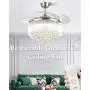 EternalUS 42inch Chrome Dimmable Fandelier Crystal Ceiling Fans with Lights, Remote Modern Invisible Retractable Chandelier Fan LED Ceiling Fan Light Fixture For Home Dining Room