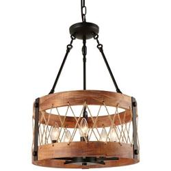 Anmytek 5 Lights Round Wooden Rustic Chandelier, Farmhouse Pendant Light Fixture for Kitchen Island Dining Room, C0087