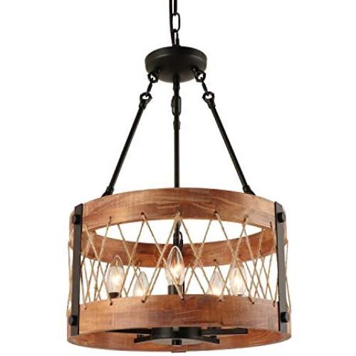 Anmytek 5 Lights Round Wooden Rustic Chandelier, Farmhouse Pendant Light Fixture for Kitchen Island Dining Room, C0087