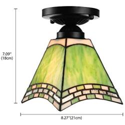 KWOKING Lighting Tiffany Ceiling Lights Stained Glass Hanging Lamp with Green Cone Shade Semi Flush Mount Ceiling Light for Living Room, Hallway, Kitchen 4 Sides