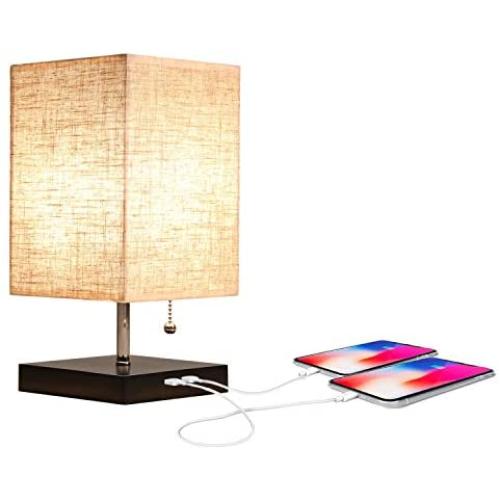 Apbeam Medium USB Table Lamp Bedside Lamp Fabric Linen Lampshade Nightstand Medium Desk Lamp for Bedroom Living Room Dining Room Baby Room Light Fixture